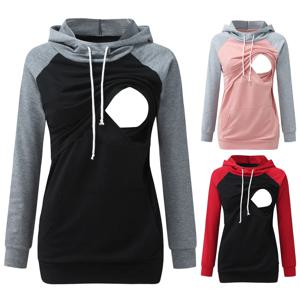 임산부 컬러 패치워크 긴팔 후드티, 주머니가 달린 캐주얼 블라우스, 모유 수유 맨투맨