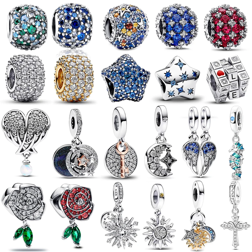 정통 925 스털링 실버 참 스파클링 스타 문 & 썬 펜던트 맞는 원래 팔찌 DIY 여성 목걸이 쥬얼리 선물