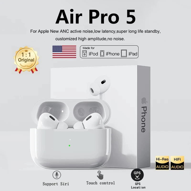 애플 오리지널 Airpods Pro 5 TWS Max 무선 블루투스 이어폰 인 이어 이어버드 아이폰 이어폰 용 노이즈 캔슬링 헤드셋