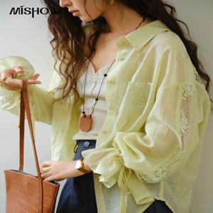 MISHOW Blend Patchwork 레이스 쿨 셔츠 여성 가을 ​​2025 한국어 루즈 한 옷깃 드롭 슬리브 셔츠 Drawstring Cuffs Top MXE31C0789