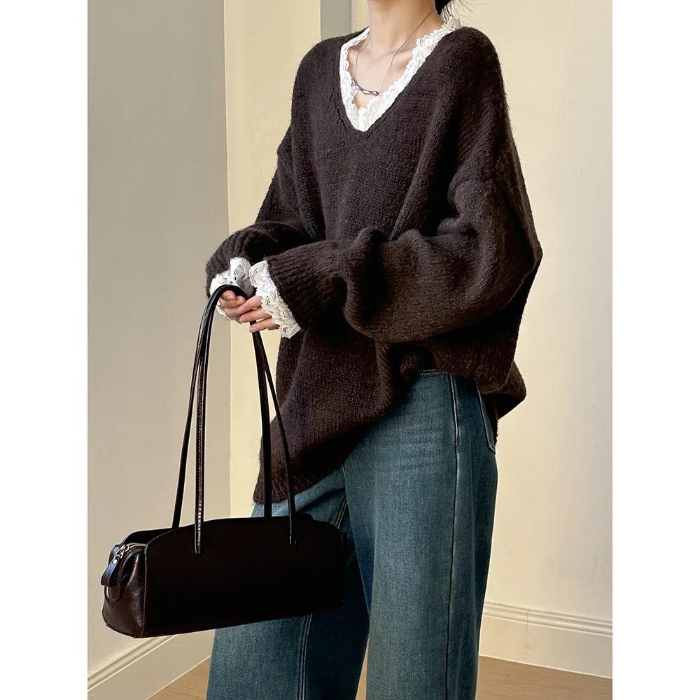 여성용 레이스 트림 따뜻한 스웨터 V 넥 긴 소매 겨울 루즈 소프트 탑