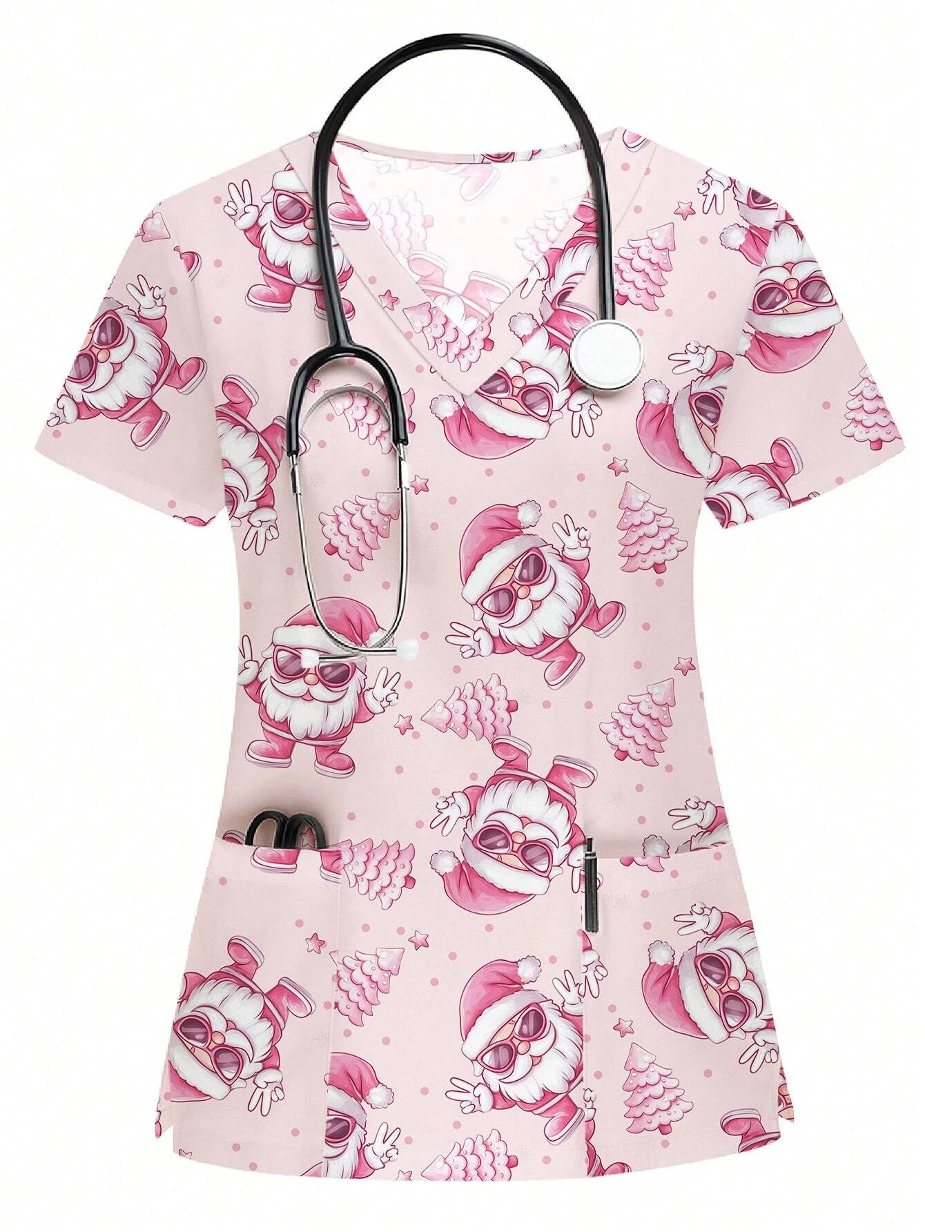 외과 유니폼 여자 귀여운 크리스마스 산타 클로스 선물 하트 풍선 유니폼 탑 스크럽 탑 짧은 소매 간호사 유니폼 여자