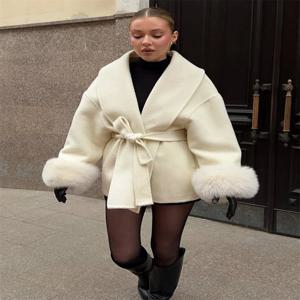 Trendix 폭스 모피 모직 여성 가을 ​​코트 패션 패치 워크 양면 양모 오버 코트 2025 새로운 우아한 오피스 통근자 자켓