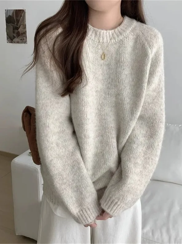 여성용 라운드 넥 긴팔 니트 스웨터 루즈핏 편안한 가을 겨울 캐주얼 단색 티셔츠 이너웨어