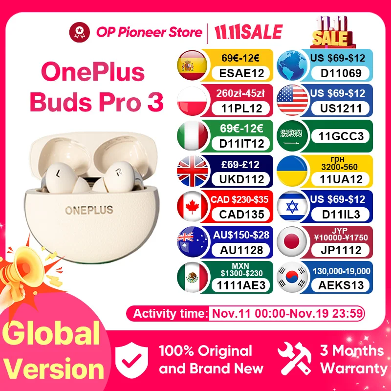 【브랜드+】글로벌 버전 원플러스 버즈 프로 3 이어폰 최대 50dB 노이즈 캔슬링 공간 음향 헤드 트래킹 하이 레졸루션