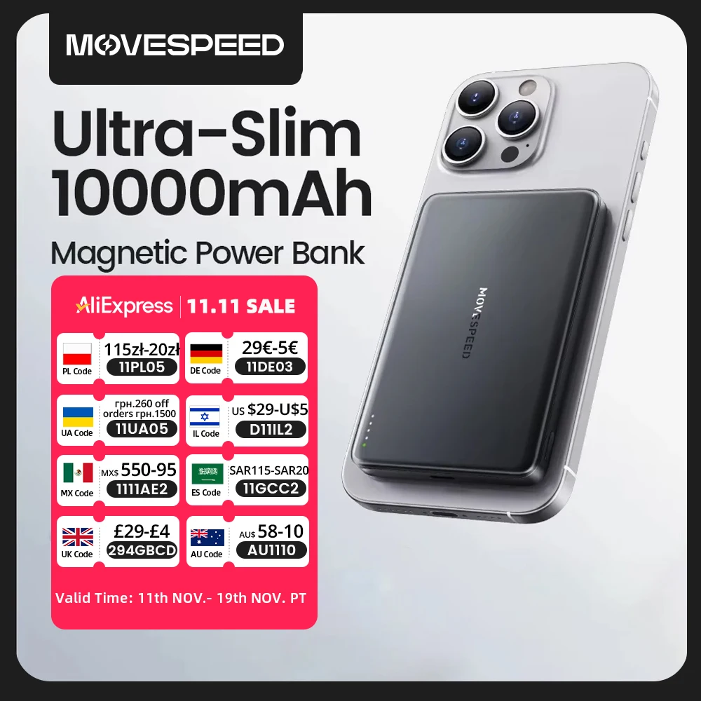 MOVESPEED S10 마그네틱 보조배터리, 무선 고속 충전 미니 휴대용 보조배터리, 아이폰, 삼성, 샤오미, 10000mAh, PD20W, 22.5W