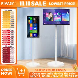 32인치 안드로이드 스마트 TV 스탠드, 10000mAh 대용량 배터리, 8+128GB, 4K UHD, 회전 및 이동 가능한 모니터, 헬스장 라이브 방송용 터치스크린