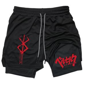 Anime Berserk Performance Shorts Men 2 in 1 러닝 압축 반바지 훈련 요가 체육관 운동복 운동 반바지 (포켓 포함)