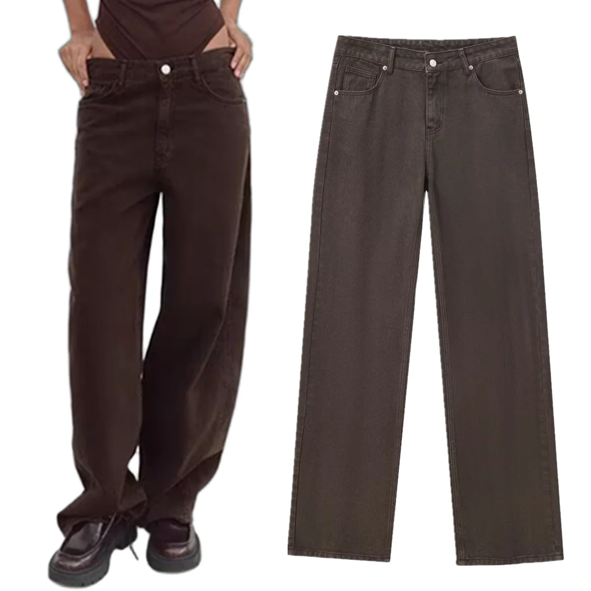Maxdutti 여성용 통근 엄마 청바지, 미니멀리스트 레트로 다크 브라운 워싱 데님 바지, 미디엄 웨이스트 스트레이트 청바지