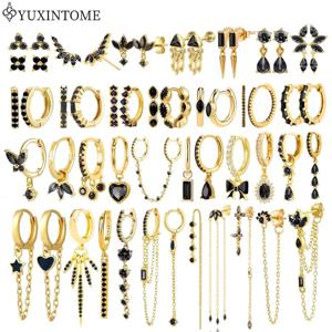 YUXINTIME 925 스털링 실버 귀 바늘 블랙 지르콘 골드 귀걸이 여성을위한 기하학적 펜던트 귀걸이 패션 웨딩 쥬얼리