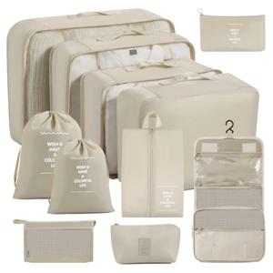 11피스 휴대용 여행용 수납 가방 세트 - 옷, 신발 및 속옷 정리가 용이함 - 일상 여행, 출장, 가정용 보관에 적합, 수하물 및 여행 가방에 적합, 포장 슬로건 패턴 여행용 수납 가방, 휴대용 신발 세면 용품 및 세탁 가방, 학교 시즌 학교 학생을 위한 필수 보관