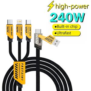 2 IN 3 USB 고속 충전 케이블 240W 나일론 편조 멀티포트 타입 C 휴대폰 충전 케이블 코드 (아이폰 16, 삼성, 샤오미용)