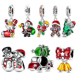 925 스털링 실버 크리스마스 트리 산타 클로스 눈사람 매력 펜던트 여성을위한 원래 팔찌 DIY 크리스마스 선물