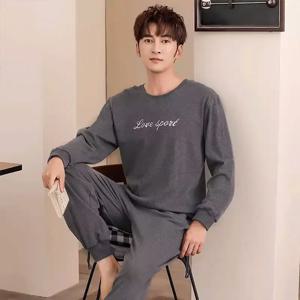 면 잠옷 남성 봄, 가을 긴팔 긴 바지 느슨한 홈웨어 솔리드 잠옷 Loungewear 대형 한국어 버전