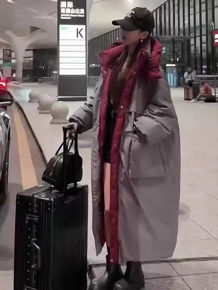 여성용 한국 패딩 재킷, 롱 루즈 후드, 두꺼운 바람막이, 양면 착용, 신상 다운 코트