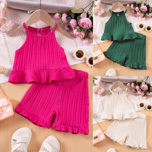 2025 새로운 여자 여름 패션 세트 민소매 프릴 탱크 탑 & 반바지 유아 소녀를위한 솔리드 컬러 투피스 복장