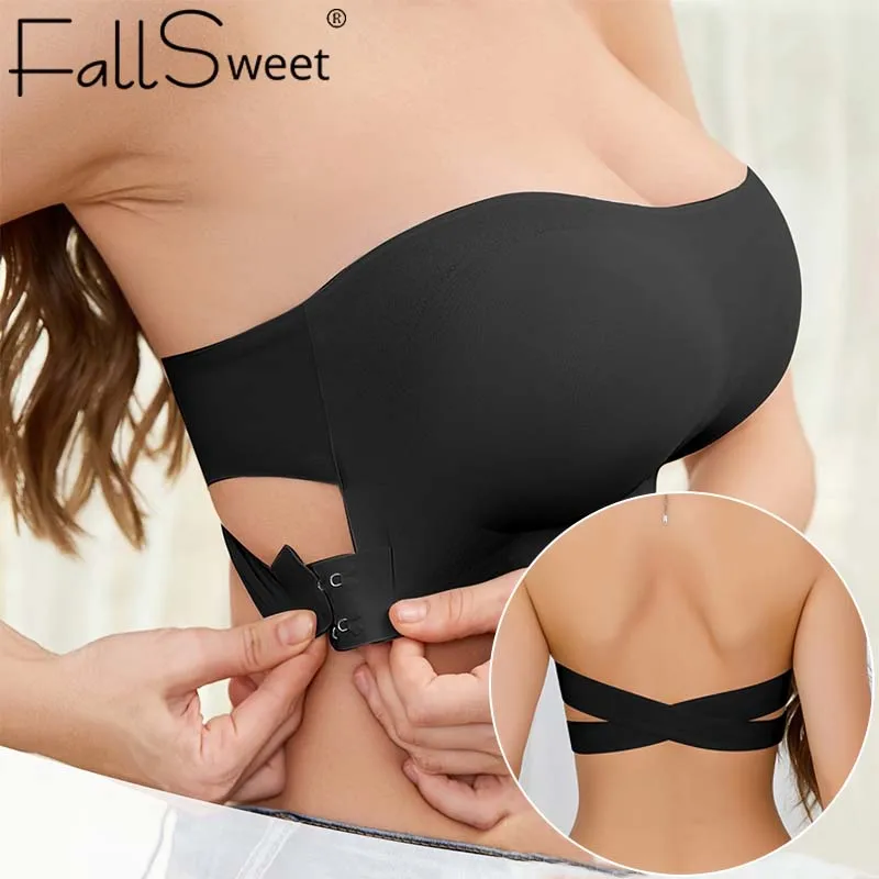 여성용 Strapless Bra Seamless Wireless Push Up Bra 섹시한 크로스 백 레스 Bralette 사이드 버튼 여성 보이지 않는 란제리 속옷