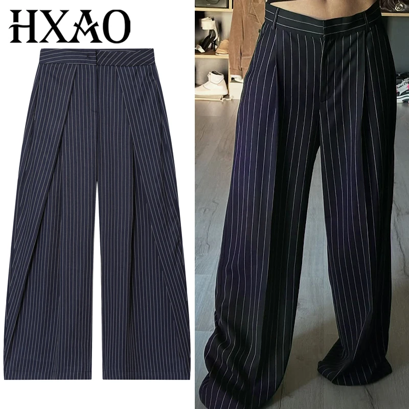 HXAO 스트라이프 플리츠 팬츠 여성용 바지 2025 가을 여성용 배기 와이드 레그 하이웨이스트 팬츠 캐주얼 오버사이즈 트라우저 하렘 팬츠