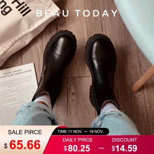 BeauToday 발목 부츠 플랫폼 여성 소 가죽 첼시 부츠 라운드 발가락 탄성 밴드 두꺼운 단독 숙녀 신발 수제 02379