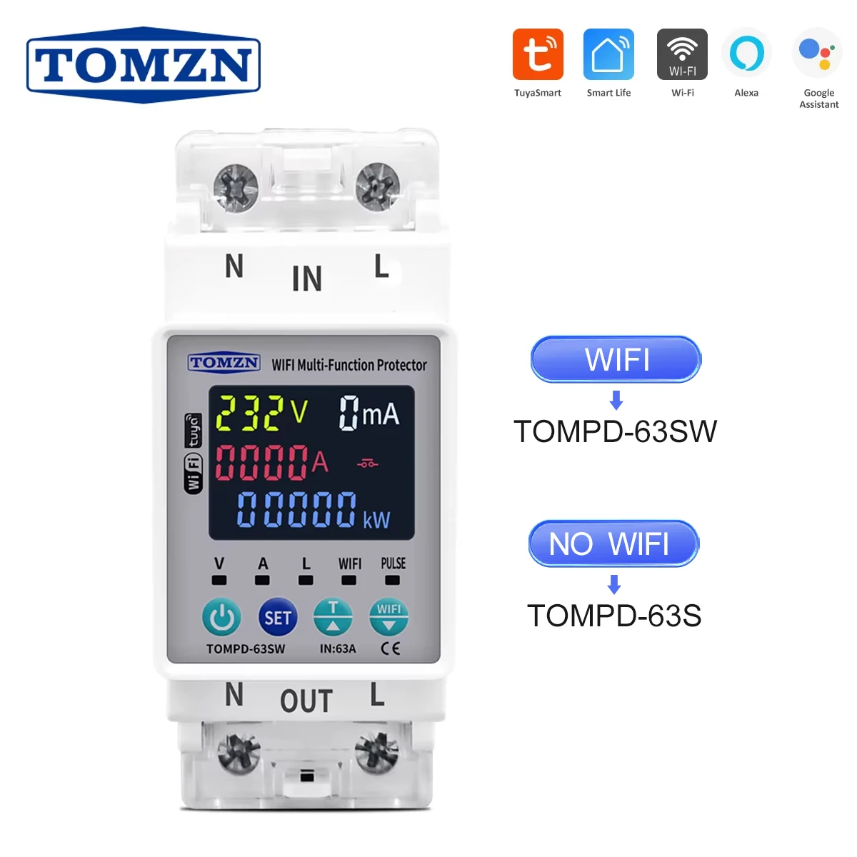 TOMZN 2P 63A 110V 220V TUYA WIFI 스마트 스위치 Kwh 미터링 회로 차단기 타이머(전압 전류 및 누설 보호 기능 포함)