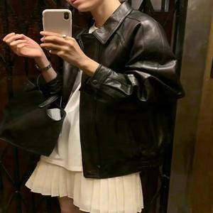 레트로 루즈핏 여성 바이커 재킷 PU 가죽 긴 소매 턴다운 칼라 다용도 슬림 아우터웨어 패셔너블 봄 코트