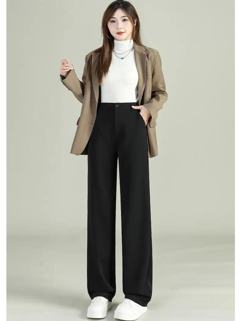하이웨이스트 두꺼운 플리스 블랙 정장 바지 캐주얼 스트레이트 레그 워크웨어 여성용 가을 겨울 패션 출퇴근용
