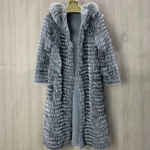 후드가 있는 긴 실버 폭스 모피 니트 코트, 따뜻하고 스타일리시함, 100% 정품, 겨울