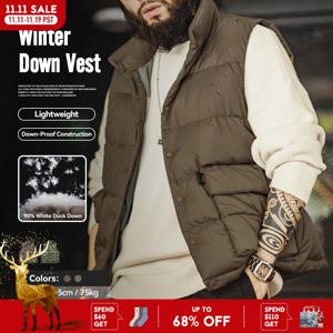 Maden 남성 가을겨울 오리털 베스트 흰 오리털 충전 두꺼운 보온 스탠드칼라 외투용 베스트 양측 실용적인 큰 주머니 단색 베스트 자켓
