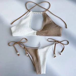 XS-L 스플라이싱 홀터 할로우 아웃 골지 비키니 여성용 수영복, 2 피스 비키니 세트, 진주 목욕 세트 수영