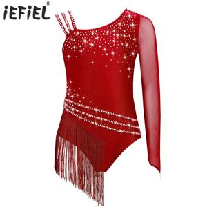 여아용 발레 체조 레오타드 라인스톤 프린지 바디수트, 피겨 스케이팅 댄스 공연용 불규칙한 태슬 유니타드