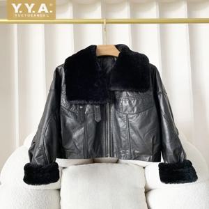 겨울 여성용 지퍼 오일 왁스 루즈핏 천연 가죽 재킷 턴다운 퍼 칼라 패션 여성 숏 스타일 모터사이클 다운 코트