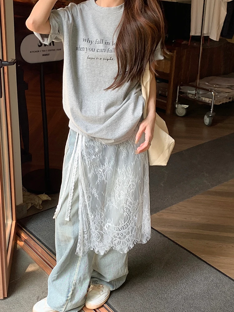 봄 여름 신상 여성 레이스 앞치마 스커트 통기성 폴리에스터 섬유 한국 스타일 캐주얼 A라인 반길이 스커트