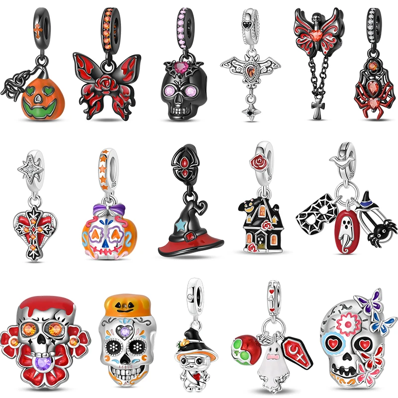 2025 새 할로윈 참 비즈 925 실버 레드 로즈 블랙 나비 거미 야광 해골 펜던트 팔찌 DIY 쥬얼리 선물