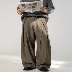 남성용 바지 배기 캐주얼 팬츠 가을 신상 플리츠 더블 웨이스트밴드 니치 디자인 트렌드 한국식 스트레이트 팬츠 2025