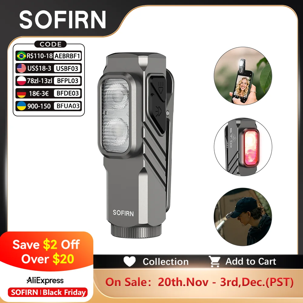 SOFIRN ST10 1000lm 미니 클램프 플래시라이트 144m 7000K LED 라이트 14500 USB C 충전식 화이트&레드 램프 IPX6 자석 테일캡 포함