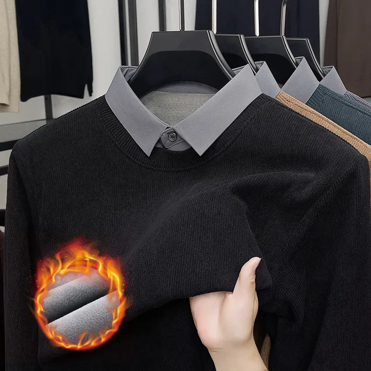 남성용 플리스 안감 두꺼운 긴팔 캐주얼 니트 스웨터 스탠드 칼라 따뜻한 이너웨어 시티 워크 폴리에스터 섬유