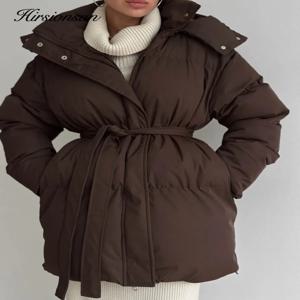 히르시온산 2025 캐주얼 허리 슬림 후드 미드 롱 길이 브레드 코튼 재킷 여성용 두꺼운 코튼 재킷 브라운