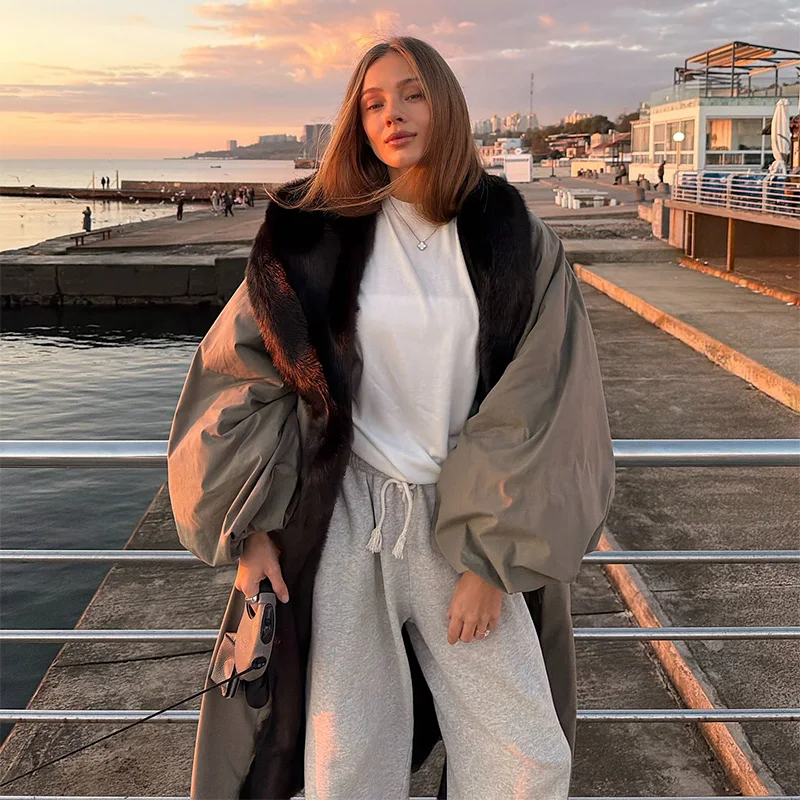 여성용 오버사이즈 롱 코트 루즈 핏 인조 모피 칼라 레이스업 재킷 패션 긴 소매 외투 2025년 신상 겨울 코트