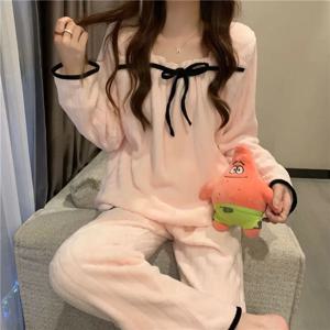 여성을위한 산호 양털 잠옷 세트 가을 겨울 두꺼운 따뜻한 달콤한 긴 소매 잠옷 잠옷 Pijama Suit Mujer Homewear