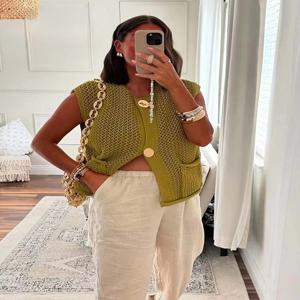 여성 패션 민소매 굵은 니트 조끼 스웨터 여성용 시크한 큰 주머니 패치 버튼 가디건 조끼 탑