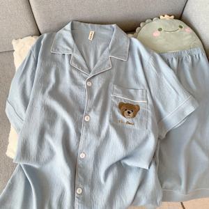수 놓은 곰 면화 여름 잠옷 남성용 얇은 티셔츠 PJ 세트 Loungewear Y2K 남자 잠옷 십대 만화 귀여운 Homewear