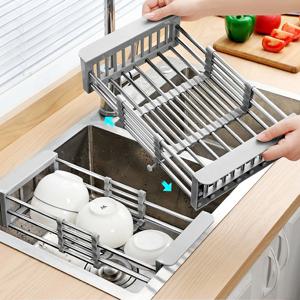 확장형 싱크대 배수구 조절 가능 28-47cm 스테인레스 스틸 + PP 미끄럼 방지 대용량 야채 및 수저 배수구