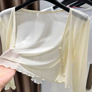 아이스 실크 자외선 차단 숏 가디건 여성 여름 아우터웨어 숄 메쉬 커버업 탑 포켓 포함 한국 스타일