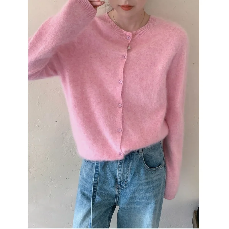 여성용 플리스 울 캐시미어 스웨터 가디건 가을 겨울 라운드 넥 심리스 싱글 브레스티드 소프트 니트웨어