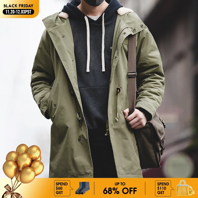 Maden 남성용 두꺼운 후드 M-51 피쉬 테일 코튼 코트 플러스 벨벳 파카 자켓 그린 윈드 브레이커 겨울 가을 남성 트렌치 코트