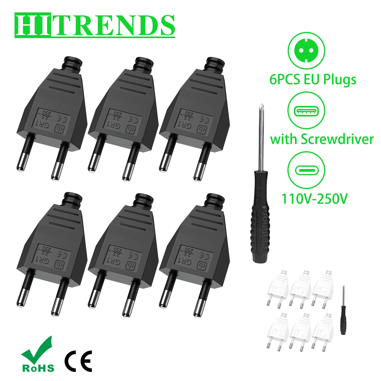 6/8PCS EU 전기 플러그 어댑터 교체 재 배선 가능 콘센트, 유럽 2 핀 남성 플러그 전원 소켓 연장 코드 커넥터