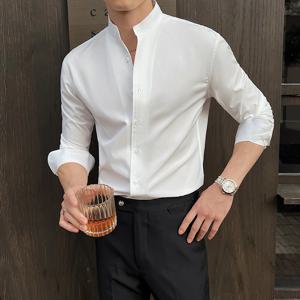 2025 봄 새로운 중국 스타일 하이 엔드 스탠드 칼라 셔츠 남성 긴 소매 탄성 슬리밍 탑 사회 드레스 셔츠