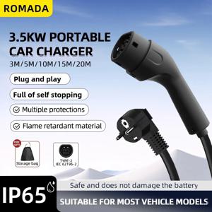 ROMADA 3.5KW 16A 타입2 IEC62196 EV 휴대용 충전기 3M-20M 케이블 EVSE EU 플러그 월박스 어댑터 전기차용