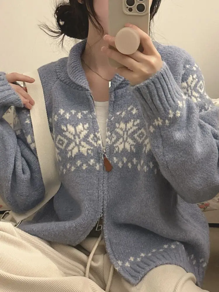 레트로 페어 아일 니트 스웨터 코트 여성용 긴팔 더블 지퍼 레이지 스타일 가을 겨울 아우터 부드럽고 은은한 바람막이