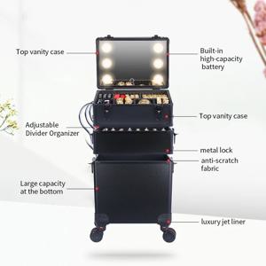 LED 조명 거울이 포함된 메이크업 정리함 - 헤어스타일리스트를 위한 대형 화장품 트롤리, 미용실 및 이발사 케이스 롤링 카트